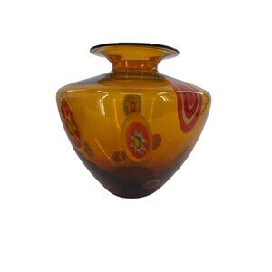 Murano Amber Art Glass Millefiori Bullicante Vase